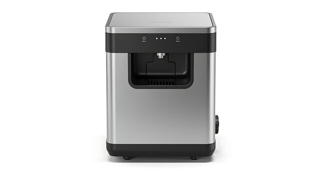 Modern stainless steel countertop ice maker machine isolated on a white background.