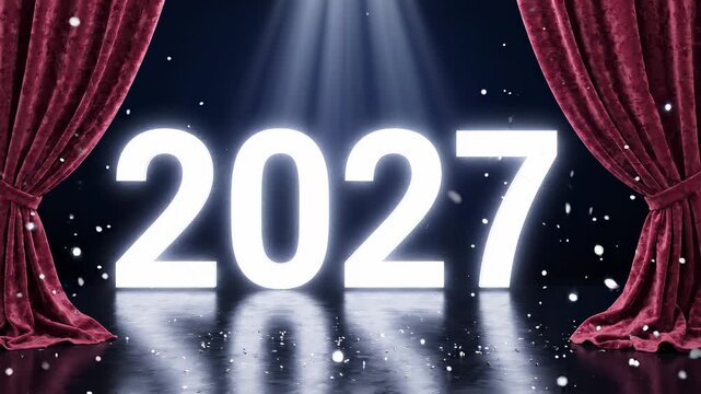 A grand stage reveal of the year 2027 with glowing numbers, falling confetti, and a spotlight.