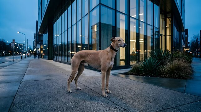 Majestic greyhound standing on an urban city sidewalk at dusk celebrating International Dog Day.