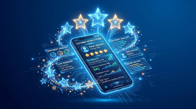 Customer review concept with digital customer rating system on smartphone screen showing feedback and sentiment analysis in futuristic blue interface with glowing stars