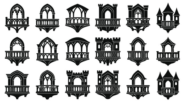 Architecture Gothic  Medieval Balconies Glyph Icons Set. Ancient Castle  Building Decorative Elements.
