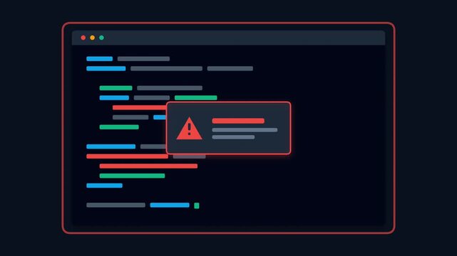 Abstract computer code interface with error warning animation