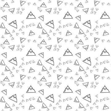 Minimalist hand drawn seamless pattern with mountain peaks and geometric triangles on white.