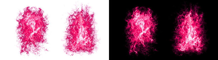 Naklejka premium Pink fire flame burning effect set with vibrant magenta blaze ideal for dramatic and bold design projects featuring PNG, Transparent and Black Background Versions for creative use