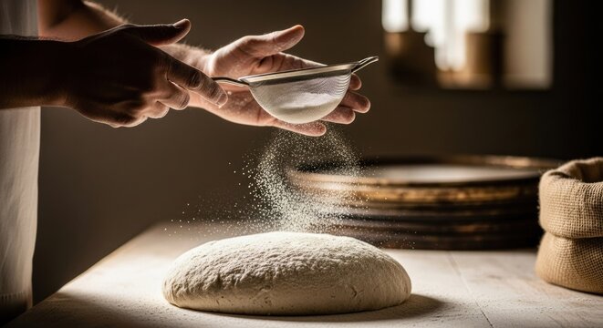 Baking bread process with flour sifting on wooden table close up shot