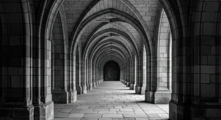 Naklejka premium Black and white arched hallway perspective with repeating patterns and shadows