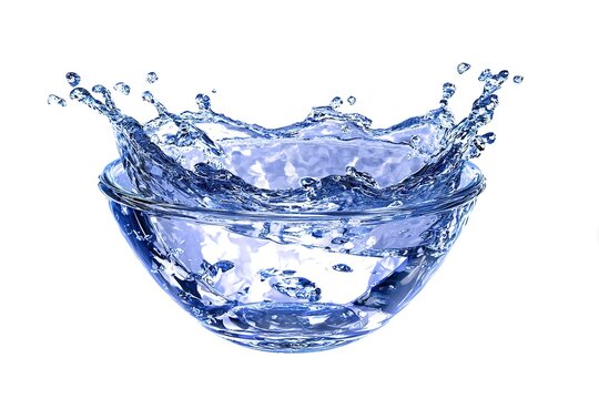Clear glass bowl with dynamic water splash isolated on white background