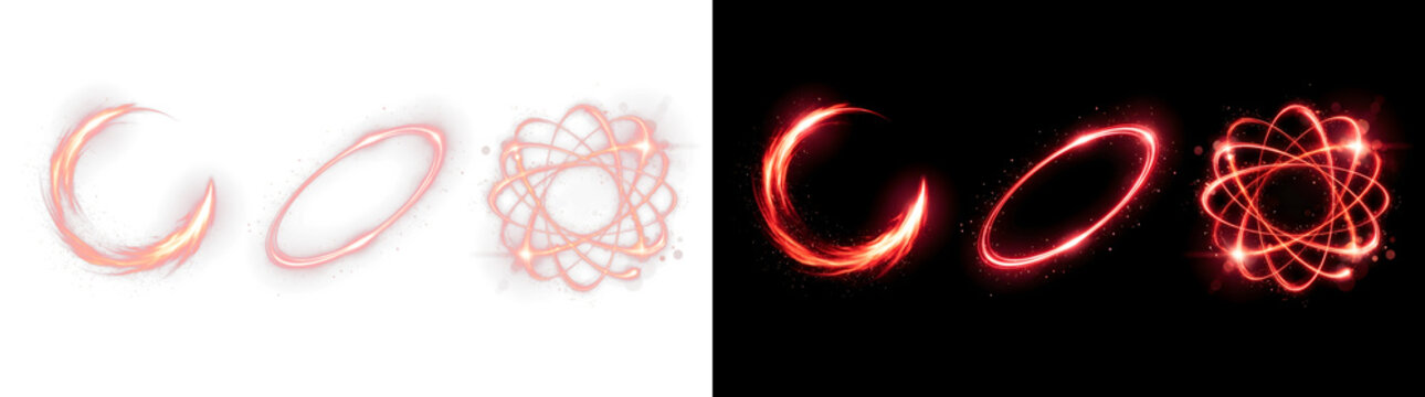 Vibrant red circular energy rings and glowing orbital atom shapes featuring brilliant light flares and particles on transparent background