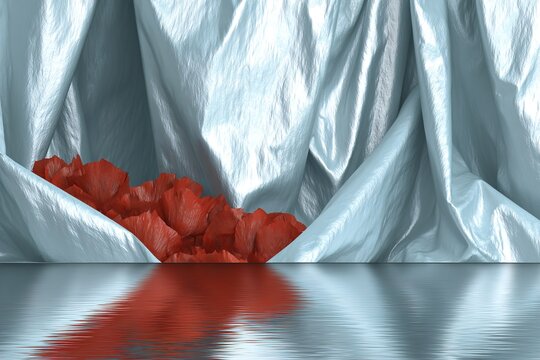 Abstract 3D rendering of iridescent metallic drapery with red petals reflecting on water