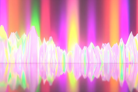 Abstract 3D rendering of iridescent crystal peaks with vibrant colorful light reflections