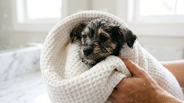 Adorable wet puppy wrapped in a soft white towel after bath time celebrating International Dog Day