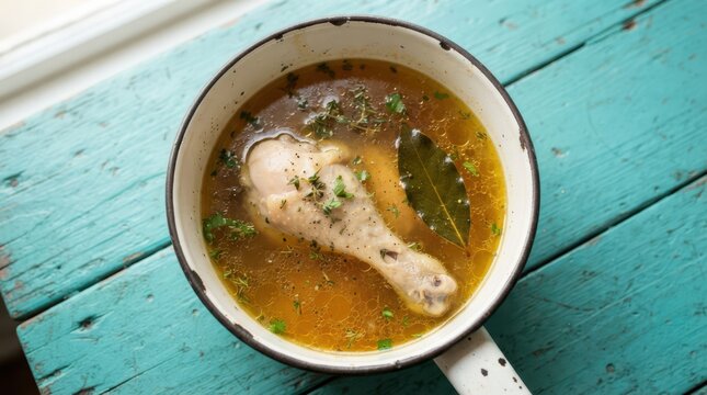 A rustic bowl of homemade chicken broth with a single chicken drumstick, fresh herbs, and a bay leaf, served on a weathered turquoise wooden table