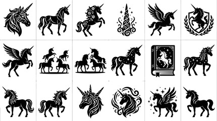 Fototapeta premium Unicorns Vector Icon Set. Black and White Fantasy Mythical Creatures Glyphs and Silhouettes Collection.