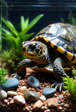 Wildlife conservation and pet care, close-up of a turtle in a terrarium with natural habitat elements and green plants