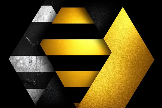 Abstract geometric background with gold and black marble textures and layered shapes