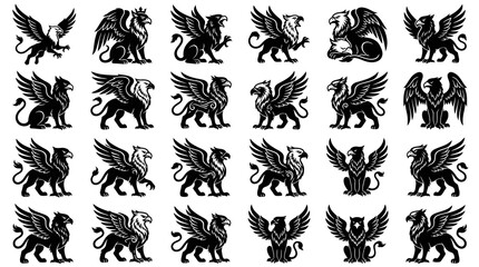 Fototapeta premium Mythology Heraldry Griffin Glyph Icons Set. Black Silhouette Fantasy Creature Vector Design Elements
