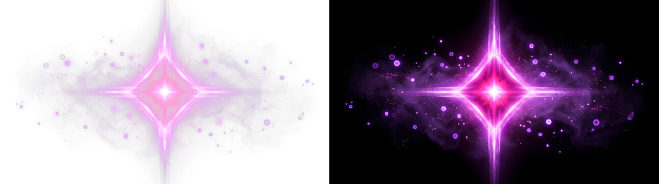 Radiant purple starburst flare featuring sharp diamond geometric shapes with soft mystical nebula particles and cosmic glowing light on transparent background