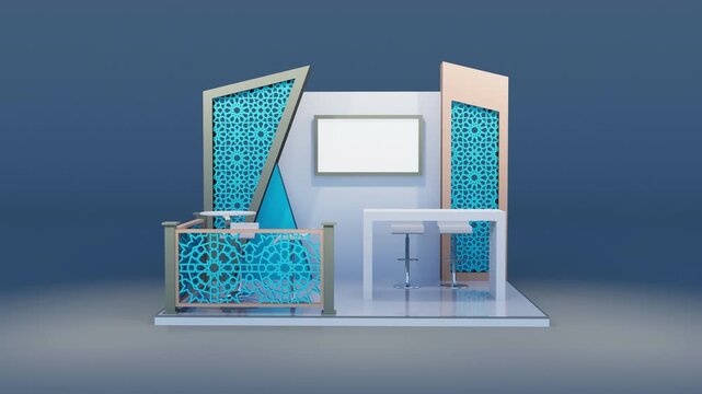 3D animation Arabic Islamic exhibition booth camera zoom in far to close geometric ornament mashrabiya teal panel modern interior visualization