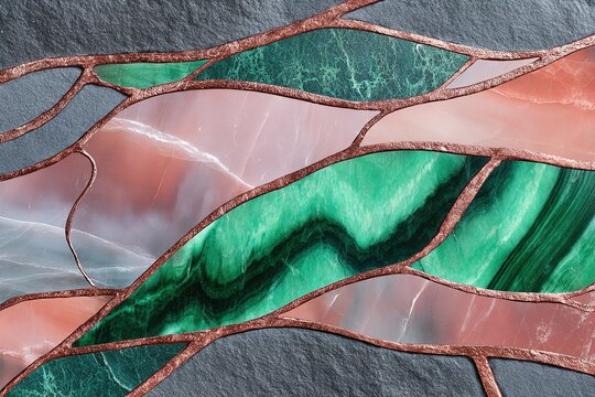 Abstract geometric background with green malachite and pink marble stone mosaic inlay