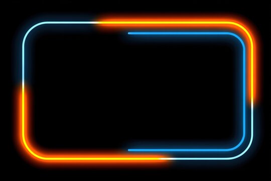 Glowing neon rectangle frame with orange and blue light lines on black background
