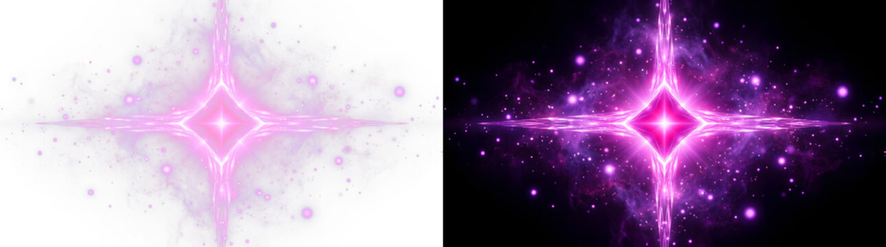 Radiant pink magical energy portal emitting glowing light particles with intense prismatic lens flares and crystalline geometric spikes on transparent background