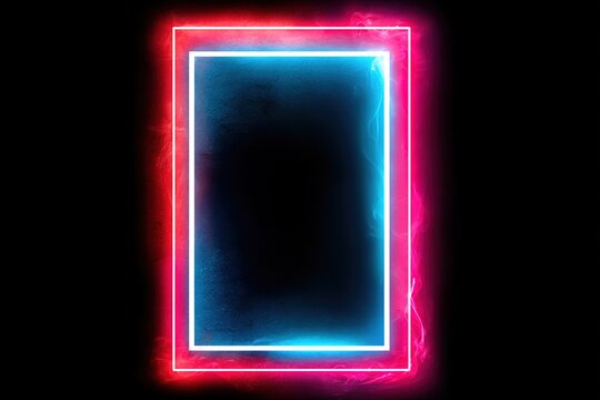 Glowing neon rectangle frame with vibrant pink and blue light on black background