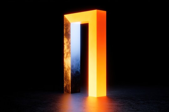 Glowing orange neon rectangular portal frame on dark textured background