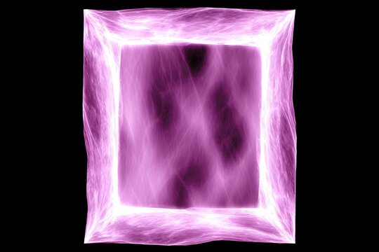 Glowing purple neon rectangle frame with abstract light energy border on black background