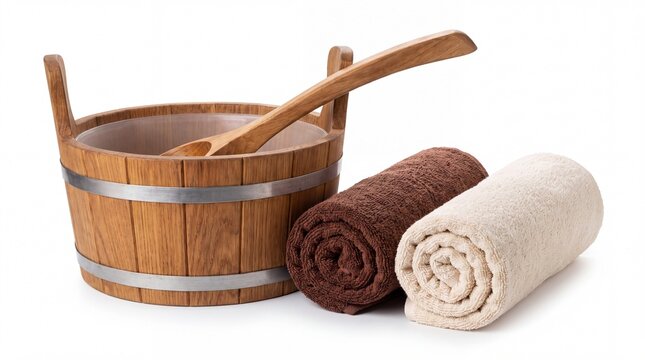 Wooden sauna bucket with ladle and rolled towels on white background.