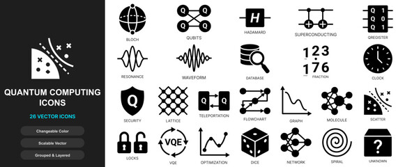 Obraz premium Qubit quantum processor icon set. Quantum chip supercomputer, quantum algorithms encryption, entangled particles, nano physics calculation tech for web ui design.