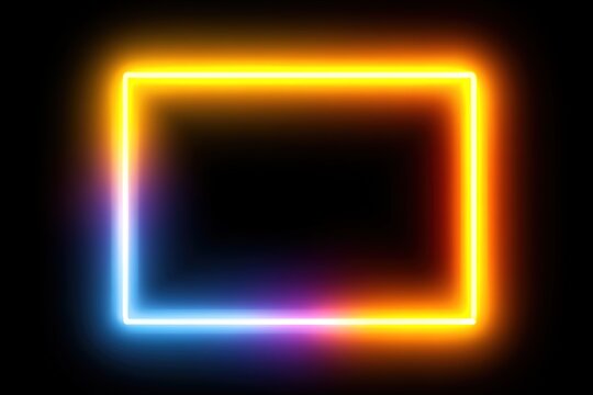 Glowing neon rectangle frame with vibrant yellow and blue light on black background