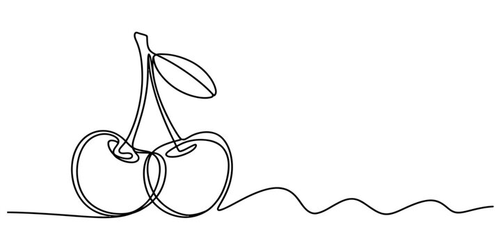 Continuous single line drawing of two cherries with a leaf