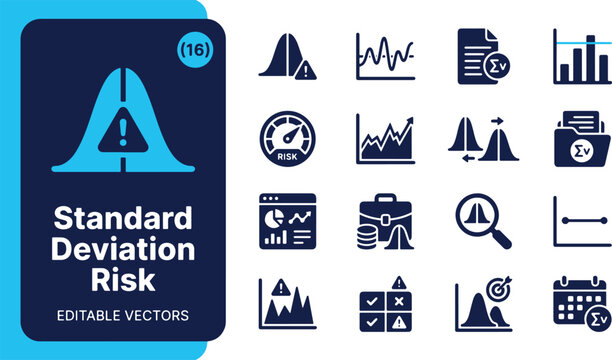 Comprehensive set of professional statistical analysis icons featuring standard deviation bell curves charts and risk assessment data management symbols for business reports
