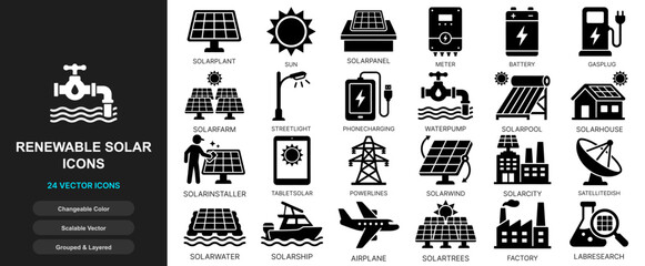 Solar power photovoltaic icon set. Photovoltaic cells, solar panel systems, green renewable energy, sunlight electricity, clean power generation, solar batteries for web ui. © AfsanaBinteSalam
