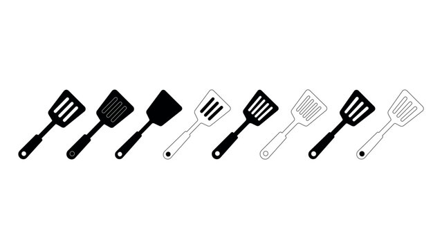 Set of eight kitchen spatula tools with different blade designs in black and white styles.