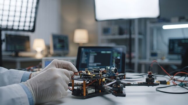 Engineer assembling custom drone in electronics laboratory workspace