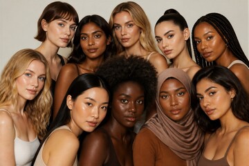 Fototapeta premium Diverse group of women posing together in studio portrait closeup