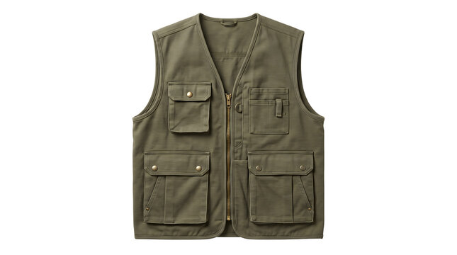 Olive green utility vest with multiple pockets, tactical safari waistcoat for fishing and hunting, durable cotton canvas outdoor apparel