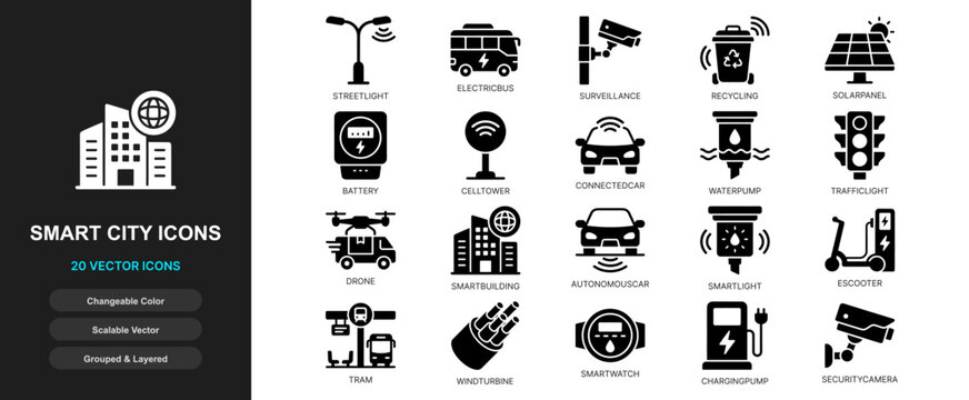 Connected city metropolis icon set. Smart urban development, digital metropolis systems, IoT infrastructure, traffic control, drone delivery, city life technology for web ui.
