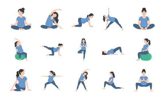 Pregnant Women Yoga and Prenatal Exercise Poses Illustration Set.