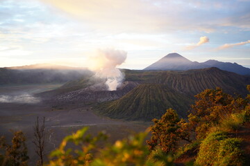 Scenic sunrise landscape view of active Mount Bromo crater emitting smoke alongside Mount Batok and Mount Semeru under golden sky, East Java, Indonesia © Danang
