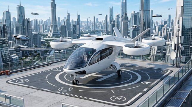 Autonomous eVTOL passenger drone parked on a skyscraper vertiport overlooking a modern smart city