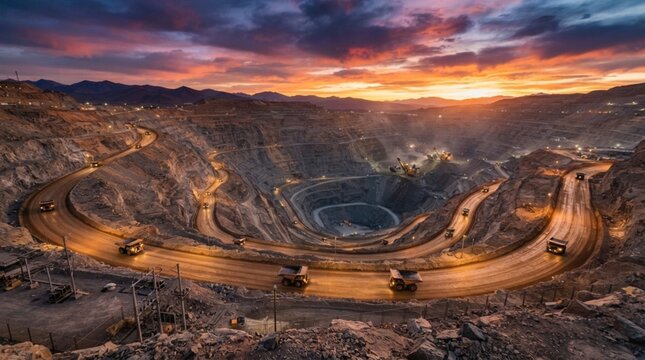 Aerial view of a massive open pit mine excavation with heavy haul trucks on winding roads at sunset