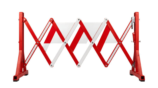 Red and white expandable safety barrier, portable metal scissor gate for crowd control, industrial folding security fence on white background