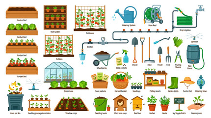 Fototapeta premium Comprehensive Home Farming Vector Collection Featuring Gardening Tools, Irrigation Systems, and Cultivation Infrastructure