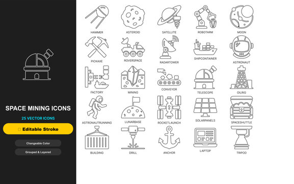 Space mining asteroid line icon set with editable stroke. Asteroid resource extraction, lunar mineral drilling, spacecraft excavation machines, orbital planetary exploration for web ui.