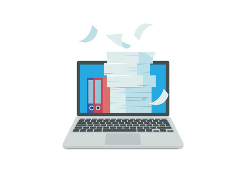 laptop screen displaying stack of paper documents and office binders