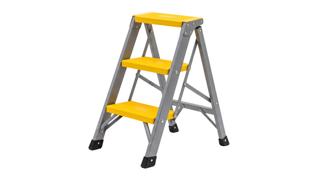 Yellow folding step ladder with three steps, portable aluminum stepladder for home repair, industrial metal stool on white background