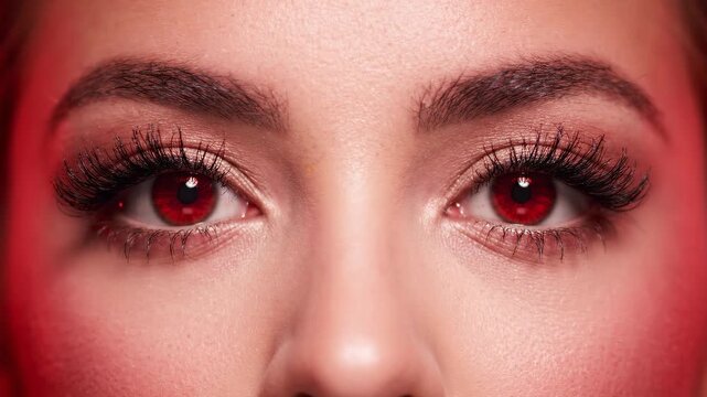 A mesmerizing close-up of a woman's face, focusing on her striking red eyes as she blinks and opens. The intense gaze creates a powerful and mysterious visual impact.