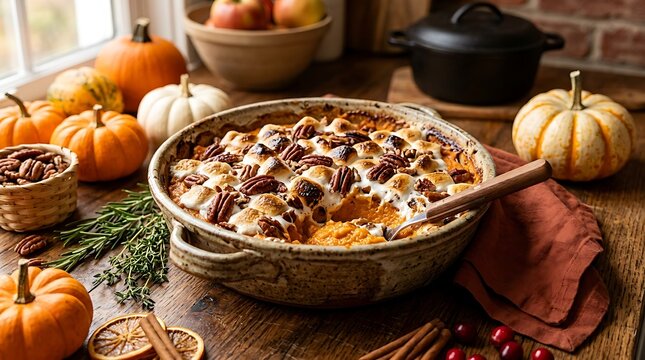 Pumpkin casserole with marshmallows and pecans on a rustic table